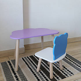 Комплект стіл та стул дитячий ChildWood - Set  Стіл бузковий хмаринка + стілець білий блакитний Ведмедик