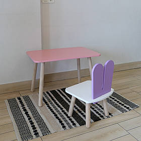 Комплект стіл та стул дитячий ChildWood - Set  Стіл рожевий прямокутний + стілець білий бузковий Зайчик
