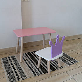 Комплект стіл та стул дитячий ChildWood - Set  Стіл рожевий прямокутний + стілець білий бузковий Корона