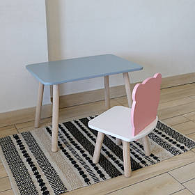 Комплект стіл та стул дитячий ChildWood - Set  Стіл сірий прямокутний + стілець білий рожевий Ведмедик