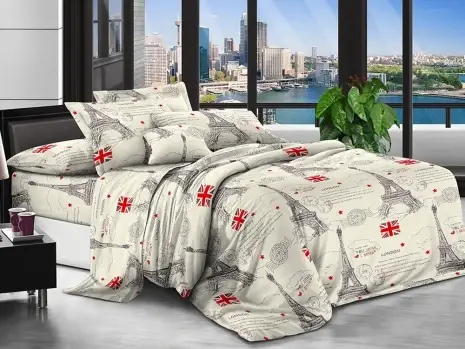 Бежева постільна тканина 220 см із принтом Париж , 100% Поліестер 75 синтетичний, рулон 80 м, фото 1