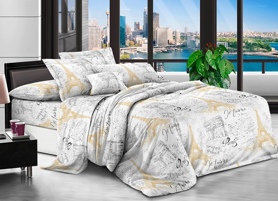 Сіра постільна тканина 220 см із принтом Париж , 100% Поліестер 75 синтетичний, рулон 80 м