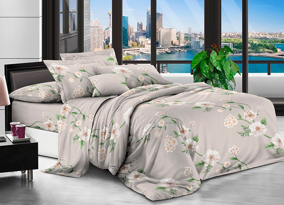 Сіра постільна тканина 220 см синтетична з принтом квіти, Поліестер 75, рулон 80 м