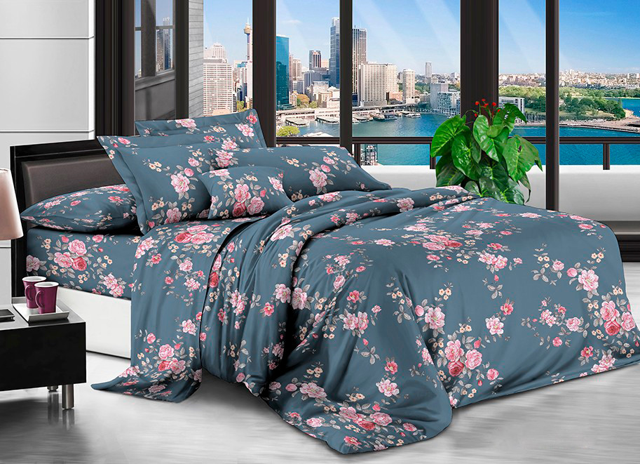 Синя постільна тканина 220 см синтетична з принтом квіти, Поліестер 75, рулон 80 м
