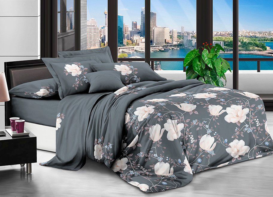Сіра постільна тканина 220 см синтетична з принтом квіти, Поліестер 75, рулон 80 м