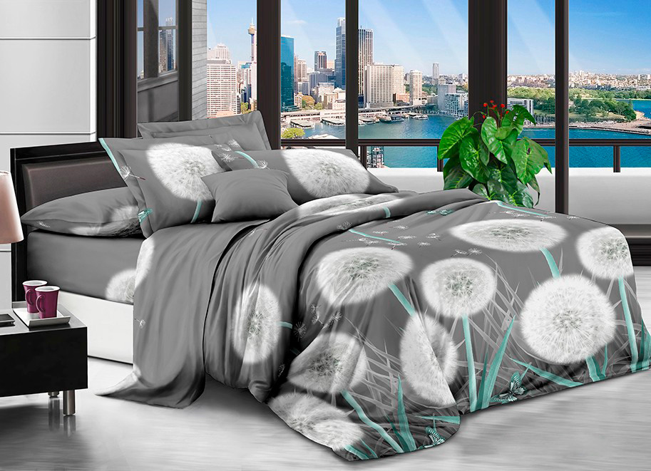 Сіра постільна тканина 220 см синтетична з принтом квіти, Поліестер 75, рулон 80 м