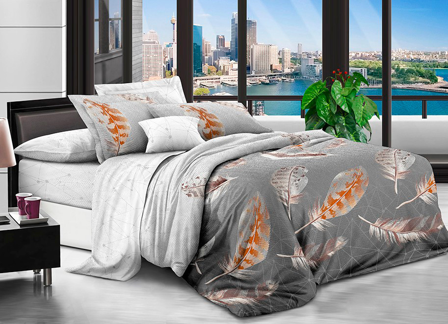 Сіра постільна тканина 220 см із принтом пір'я, Поліестер 75 синтетичний, рулон 80 м