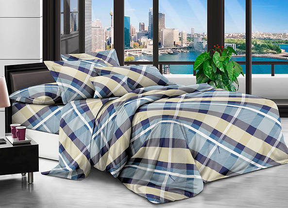 Блакитна постільна тканина 220 см із принтом клітинка, 100% Поліестер 75 синтетичний, рулон 80 м, фото 1