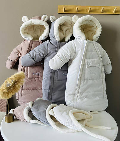 Зимовий дитячий теплий комбінезон для новонародженого на овчинці з шапочкою 0-6 міс, підійде для виписки, фото 1