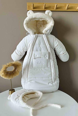 Зимовий дитячий теплий комбінезон для новонародженого на овчинці з шапочкою 0-6 міс, підійде для виписки, фото 1