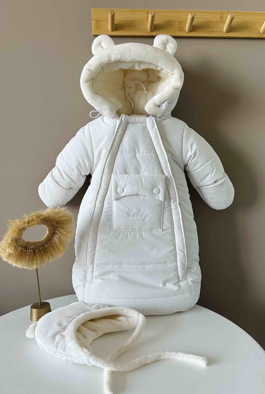 Зимовий дитячий теплий комбінезон для новонародженого на овчинці з шапочкою 0-6 міс, підійде для виписки