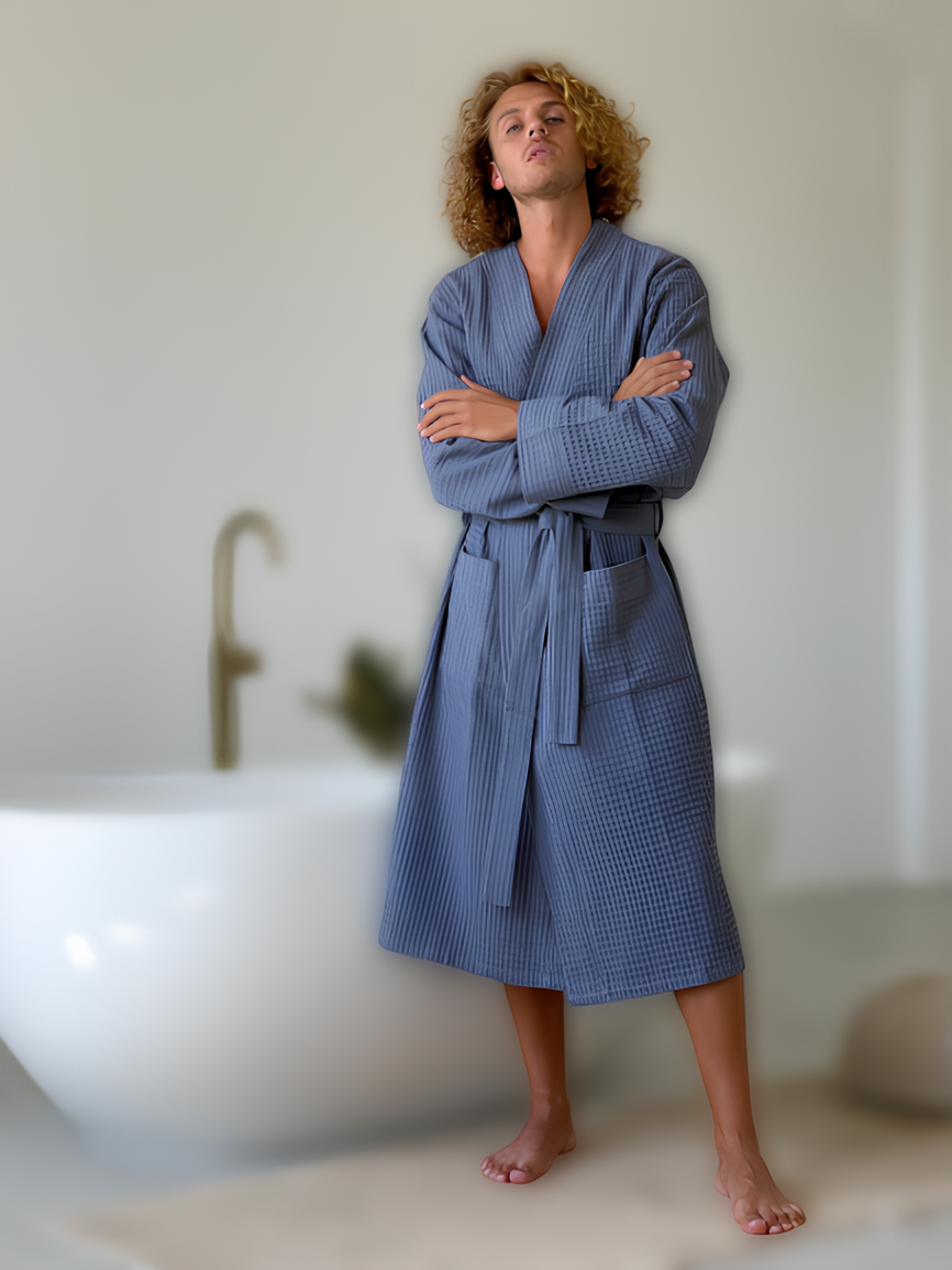 Халати чоловічі натуральні вафельні домашні розмір M, комфортний вафельний халат для чоловіків стильний Синій, фото 1