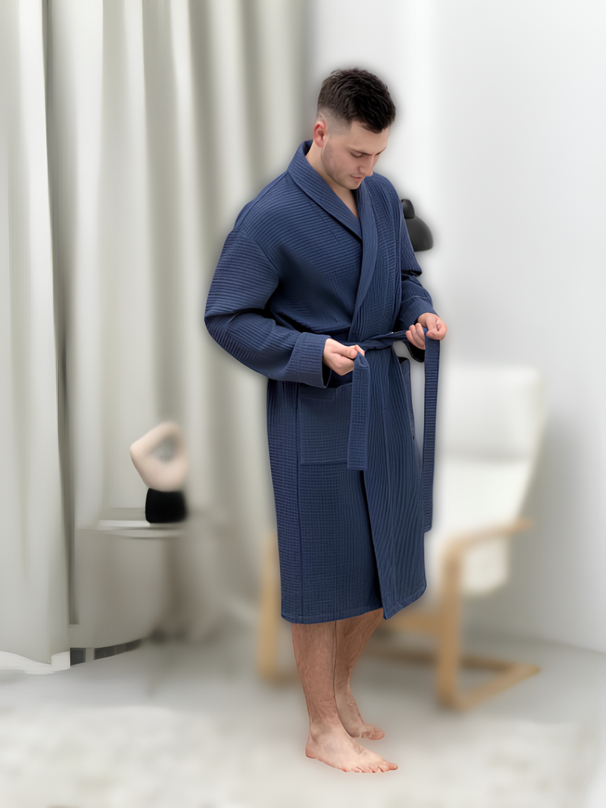 Халати чоловічі натуральні вафельні домашні розмір S, комфортний вафельний халат для чоловіків стильний Синій, фото 1