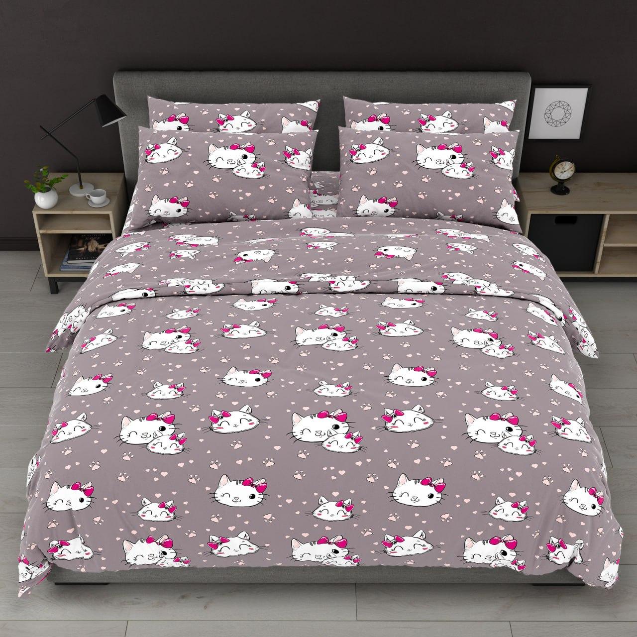 Підковдра на блискавці 145х215 (Бязь) | Полуторна підковдра від виробника "Королева Ночі" | Коти з бантиками, фото 1