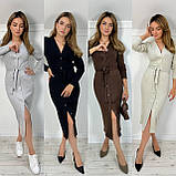 Сіре утеплене плаття міді на ґудзиках із поясом з ангори в рубчик, фото 5