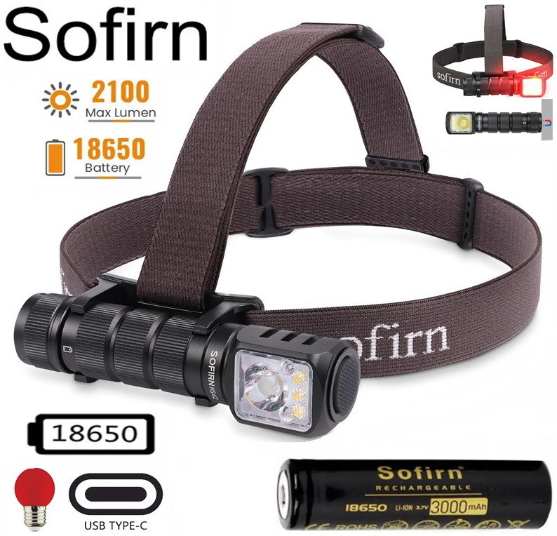 Налобний ліхтар SOFIRN HS42 + Акумулятор 3000mAh (2100 Lm, 6000k, 6LED, USB-C, 18650, IP66, Магніт, RED Light), фото 1