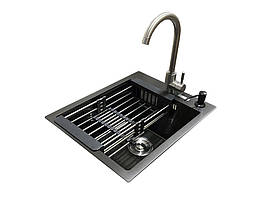Комплект мийка + змішувач Romzha Arta U-350S BL (A). Чорна мийка з нержавіючої сталі зі змішувачем