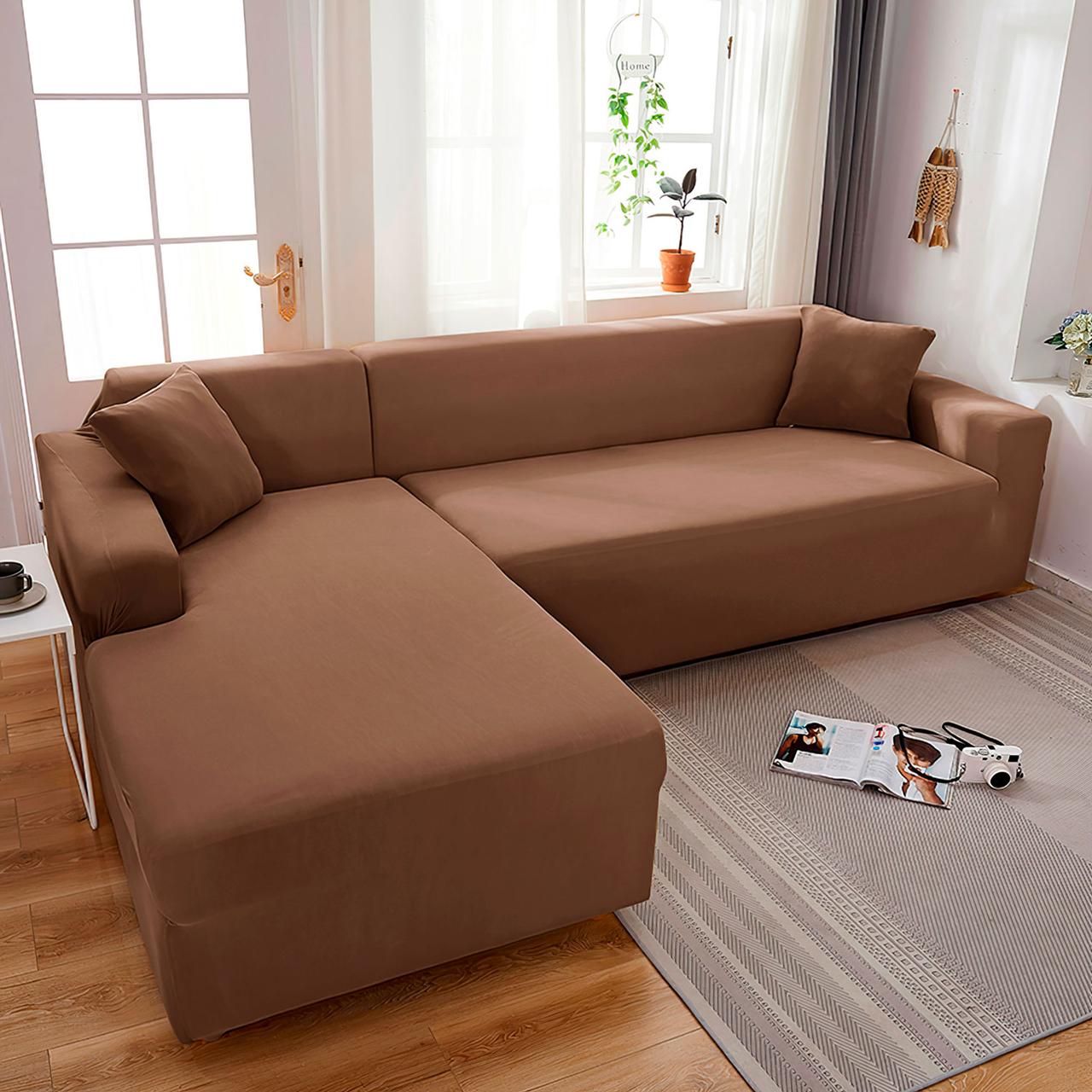 Чохол на диван кутовий велюр світло-коричневий Love You