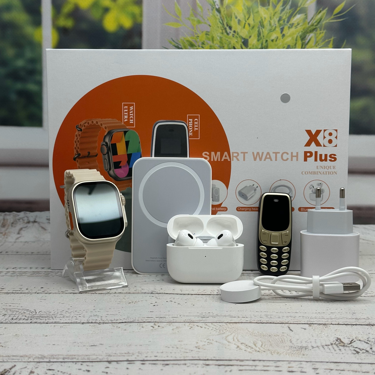 Набір 6 в 1 Розумний смарт-годинник X8Plus Smart Watch Ultra 2 + Air pro + Павербанк + Телефон White, фото 1