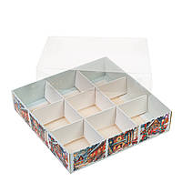 Коробка 160х160х35 (на 9 цукерок) з прозорою кришкою "Різдвяна"