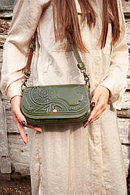 Авторська сумка із італійської преміальної шкіри. Маленька шкіряна сумка на плече оливкова Плин Часу