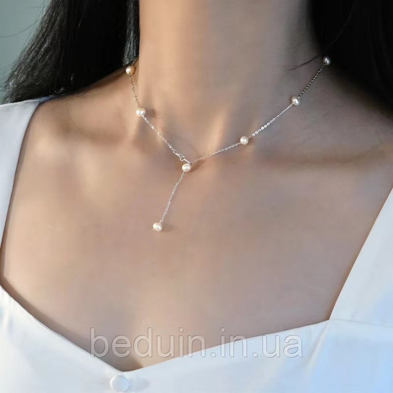 Срібна підвіска, кольє краватка з натуральними річковими перлами — срібло 925 проби EGYPT SILVER