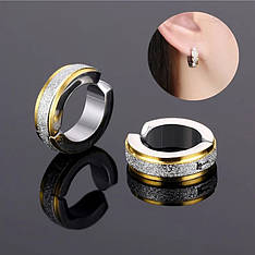 Сережка-кліпса 1 шт на вухо кільце золотисто-срібляста блискуча широка без проколу