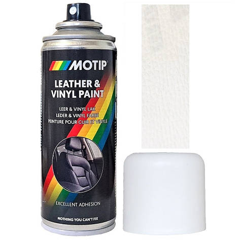 Фарба спрей для шкіри біла напівматова Motip White Semi Gloss Leather Paint RAL 9010M 200мл, фото 1