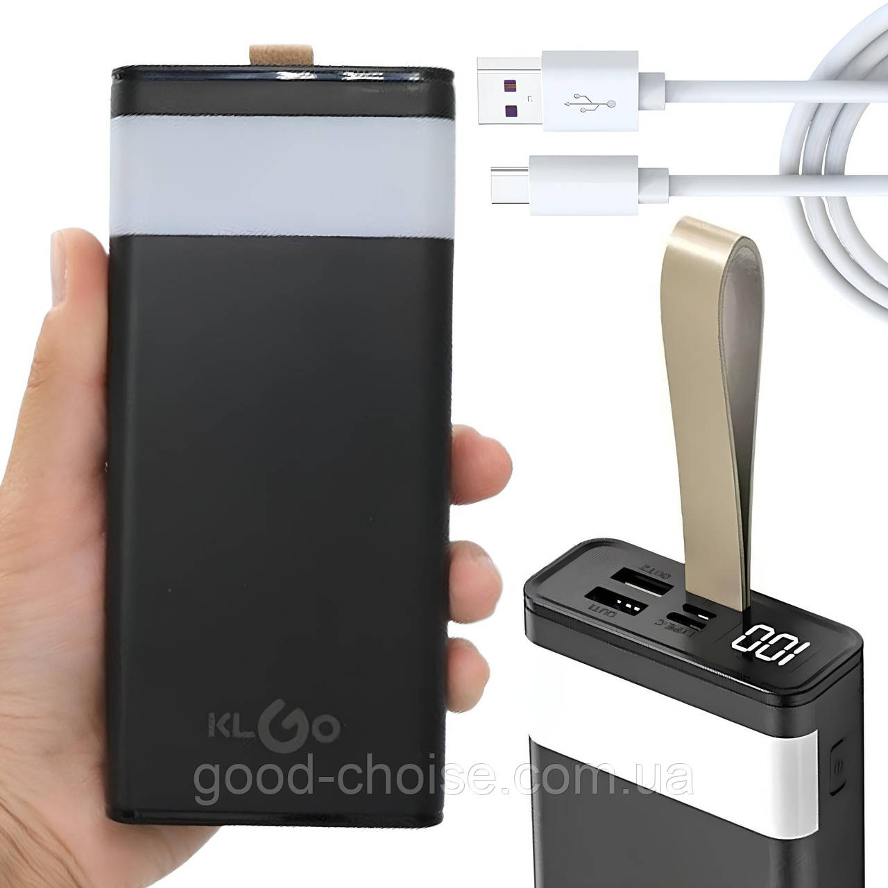 Повербанк 20000мАг з ліхтариком, 2хUSB, KP-77, Чорний / Павербанк для телефону / Зовнішній акумулятор / УМБ, фото 1