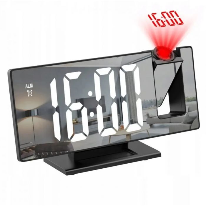 Світний дзеркальний годинник будильник із проєктором часу на стіну або стелю, і термометром Gaosiio, фото 1