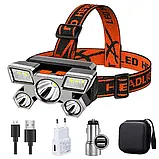 Ліхтар налобний акумуляторний 5 діодів, з регулюванням ремінців, Жовтогарячий SV227, фото 2