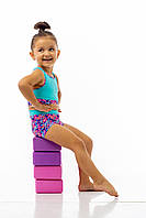 Дитячий спортивний комплект топ та шорти для дівчинки на аеробіку з блакитного біфлексу з принтом Олівія р. 26-44