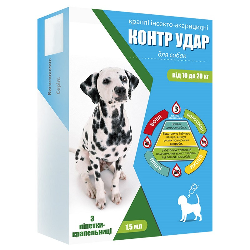 Краплі на холку для собак 10-20 кг Контр Удар 1,5 мл профілактика та лікування у разі ураження ектопаразитами No3, фото 1