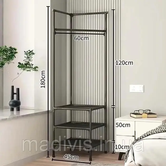 Металева Кутова Вішалка для Одягу Corner Coat Rack RD-2 185х40х40, Взуття з гачками та полицями, фото 1
