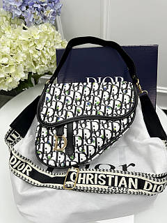 Сумка Dior SADDLE через плечі чорно-білий горошок