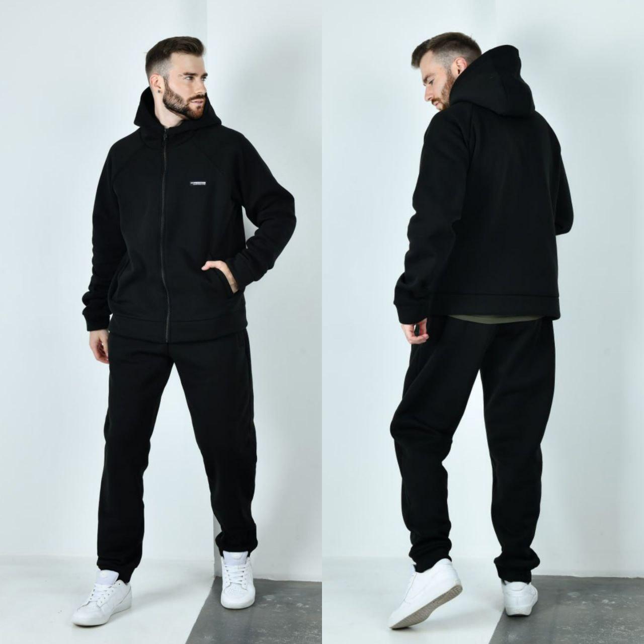 Теплий чоловічий спортивний костюм великого розміру зимовий з капюшоном і блискавкою, фото 1