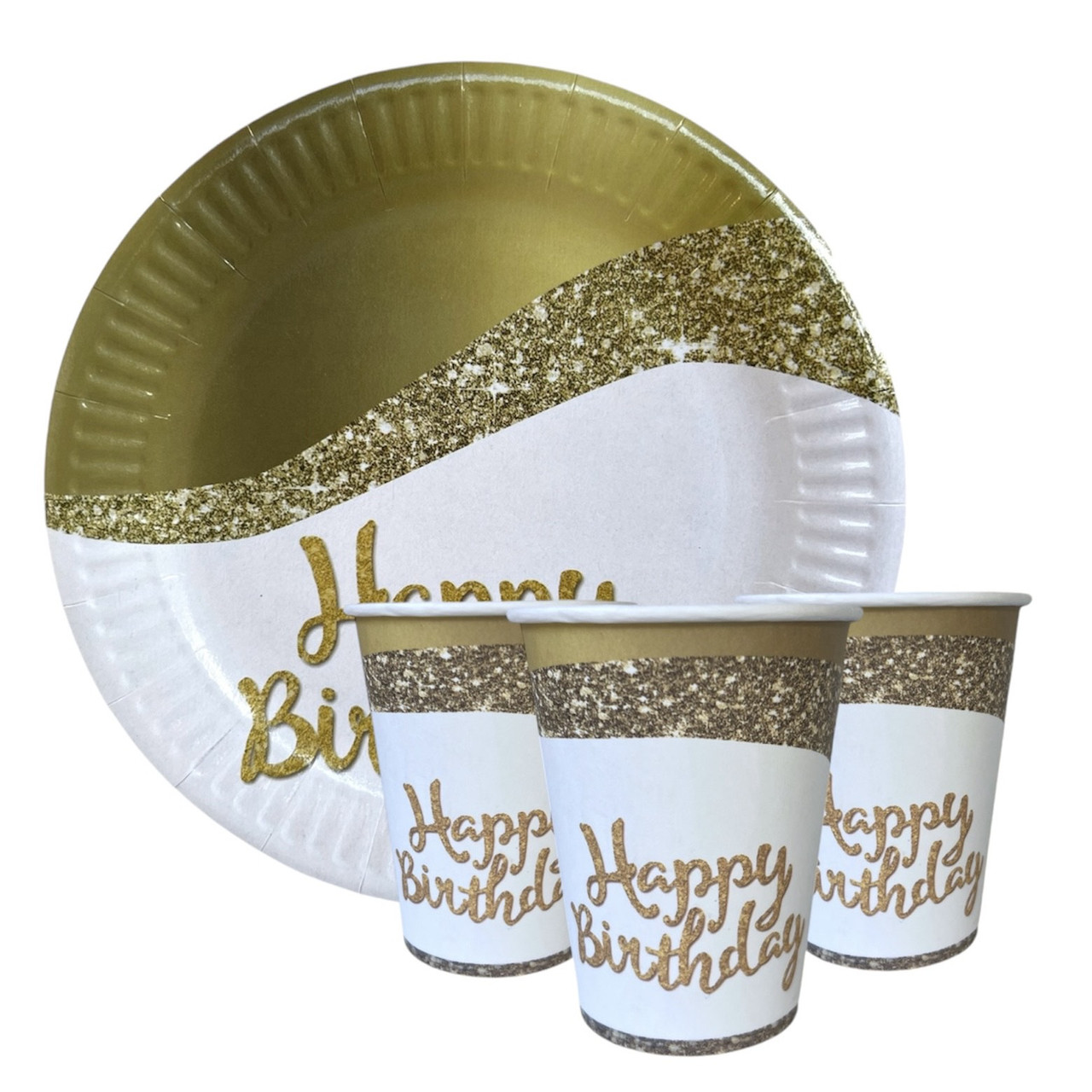 Набір одноразового посуду "Happy Birthday блискітки" Тарілки — 10 шт Стаканчики — 10 шт.