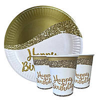 Набір одноразового посуду "Happy Birthday блискітки" Тарілки — 10 шт Стаканчики — 10 шт.