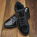 Шкіряні теплі чорні кеди зимові чоловічі на хутрі набивне хутро *114-чер/кор/м*, фото 2