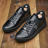 Шкіряні теплі чорні кеди зимові чоловічі на хутрі набивне хутро *114-чер/кор/м*, фото 4