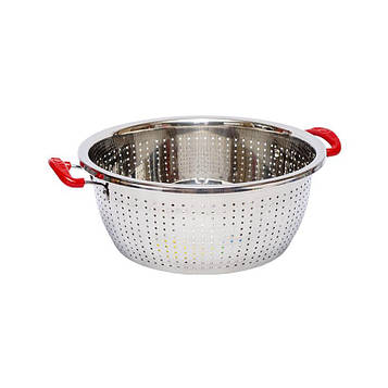 Друшляк металевий на каструлю з пластиковими ручками Діаметр 28см, Висота 11,5см червоний