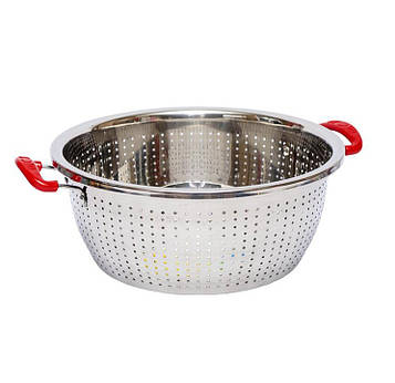 Друшляк металевий на каструлю з пластиковими ручками Діаметр 30см, Висота 12см червоний