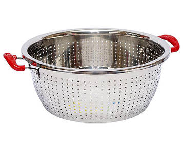 Друшляк металевий на каструлю з пластиковими ручками Діаметр 34см, Висота 13,5см червоний