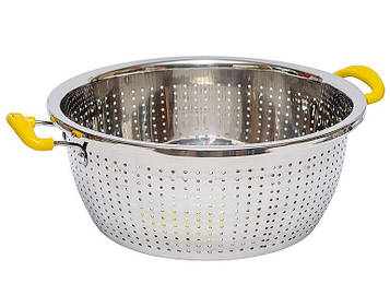 Друшляк металевий на каструлю з пластиковими ручками Діаметр 34см, Висота 13,5см жовтий