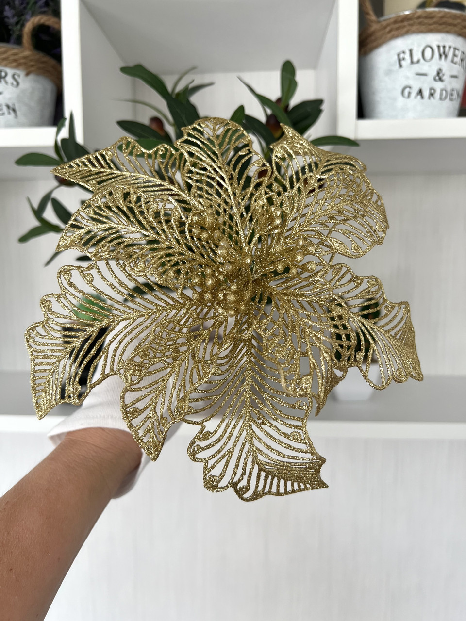 Новорічна квітка пуансеттія. Декор новогодний ( золото , 20 см ), фото 1