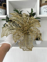 Новорічна квітка пуансеттія. Декор новогодний ( золото , 20 см ), фото 2