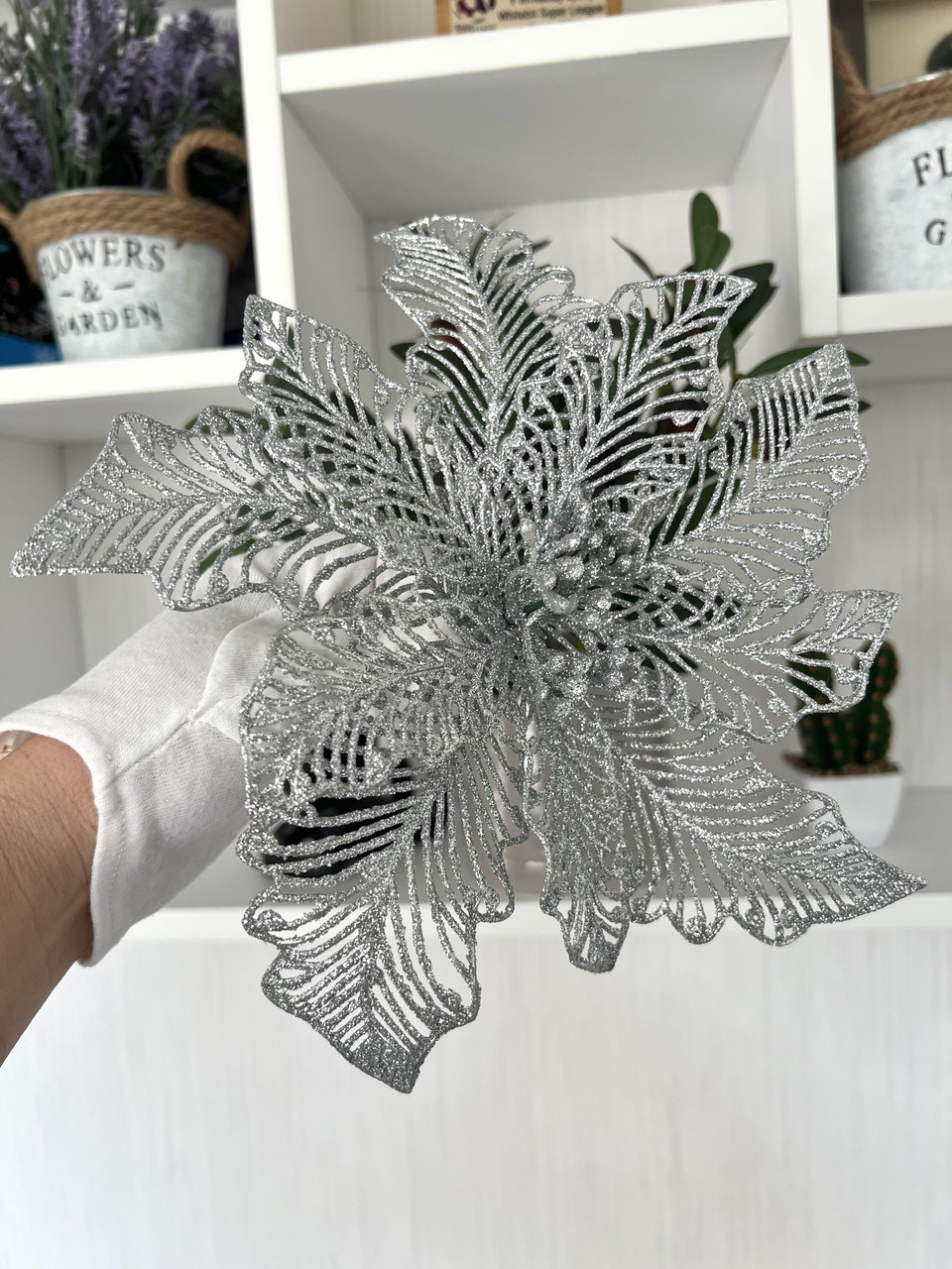 Новорічна квітка пуансеттія. Декор новорічний ( срібло, 20 см), фото 1