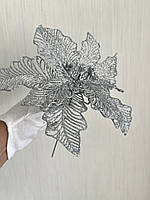 Новорічна квітка пуансеттія. Декор новорічний ( срібло, 20 см), фото 5