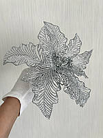 Новорічна квітка пуансеттія. Декор новорічний ( срібло, 20 см), фото 7