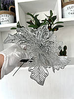 Новорічна квітка пуансеттія. Декор новорічний ( срібло, 20 см), фото 9